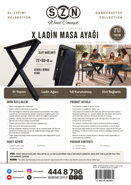 SZN Wood MASA AYAĞI X Ladin 72 Cm 60 Cm 15 cm 8559-01 Siyah 2 Li TAKIM   - 5