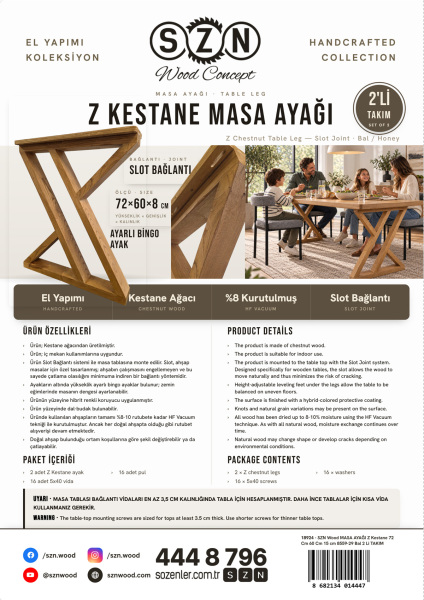 SZN Wood MASA AYAĞI Z Kestane 72 Cm 60 Cm 15 cm 8559-29 Bal 2 Li TAKIM - 5