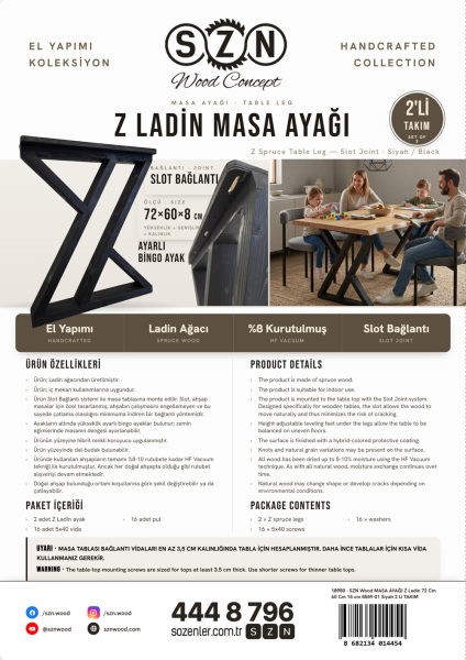 SZN Wood MASA AYAĞI Z Ladin 72 Cm 60 Cm 15 cm 8559-01 Siyah 2 Li TAKIM   - 5